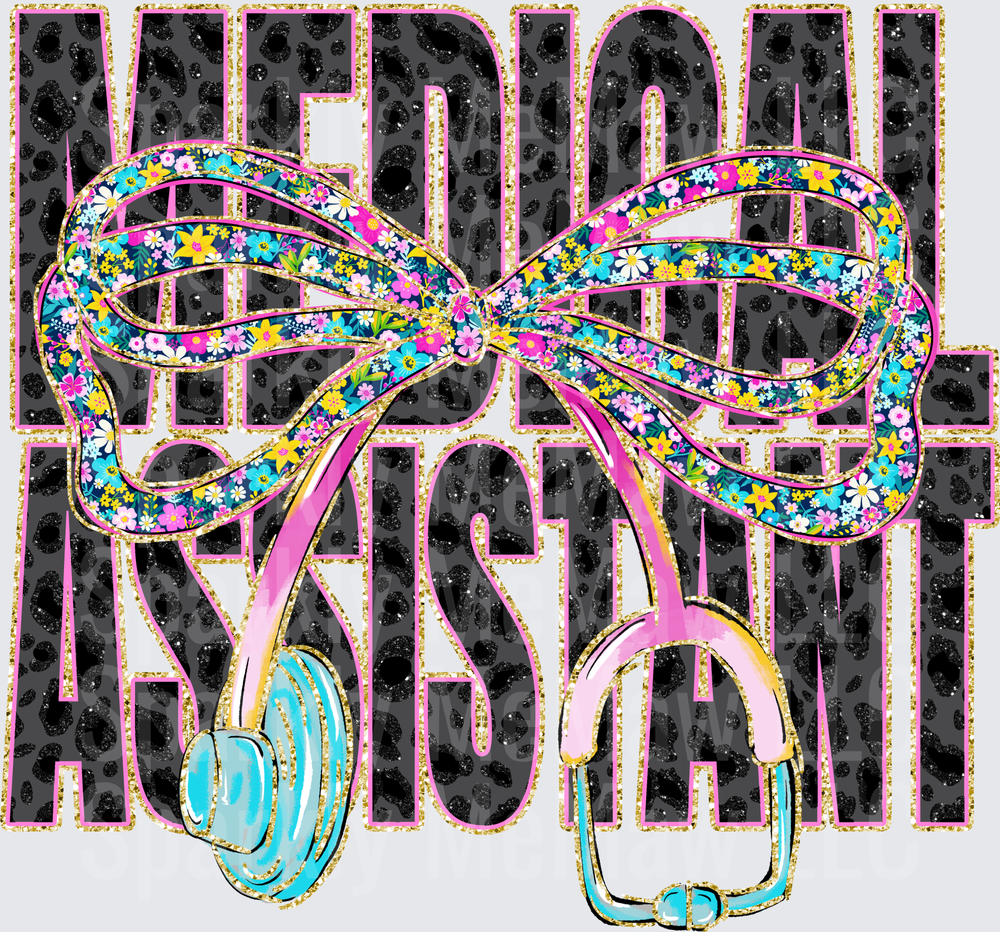 Leopard Print Medical Assistant with Floral Bow and Stethoscope DTF Transfer