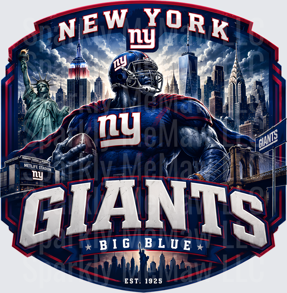 New York Giants Big Blue Superhero Player NYC Skyline Est. 1925 is a UV DTF Decal