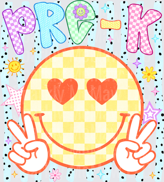Groovy Peace Sign Smiley Face with Heart Eyes and Checkered Pattern DTF Transfer for Fabric