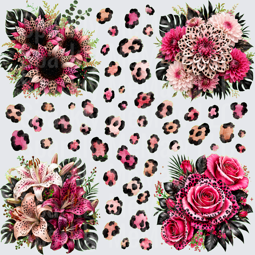 Pink Leopard Print Floral Bouquets 10x10 UV DTF Sheet