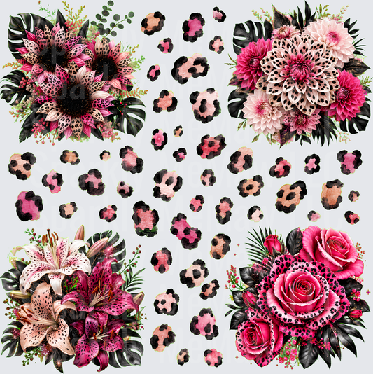 Pink Leopard Print Floral Bouquets 10x10 UV DTF Sheet