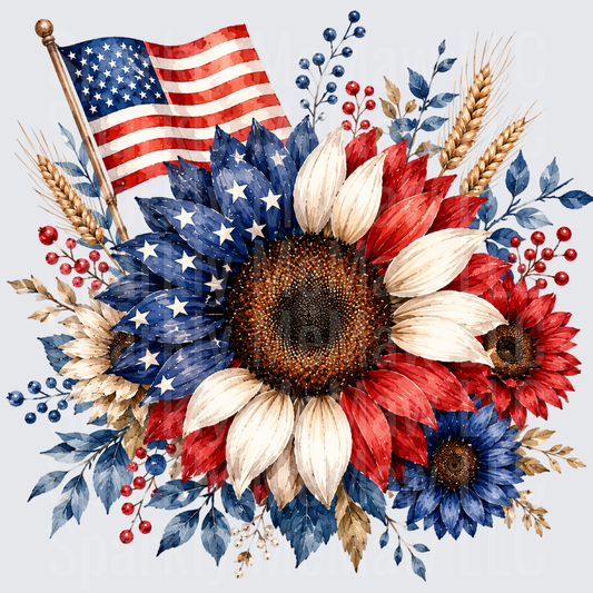 Patriotic Sunflowers with American Flag and Stars Watercolor Design UV DTF Decal