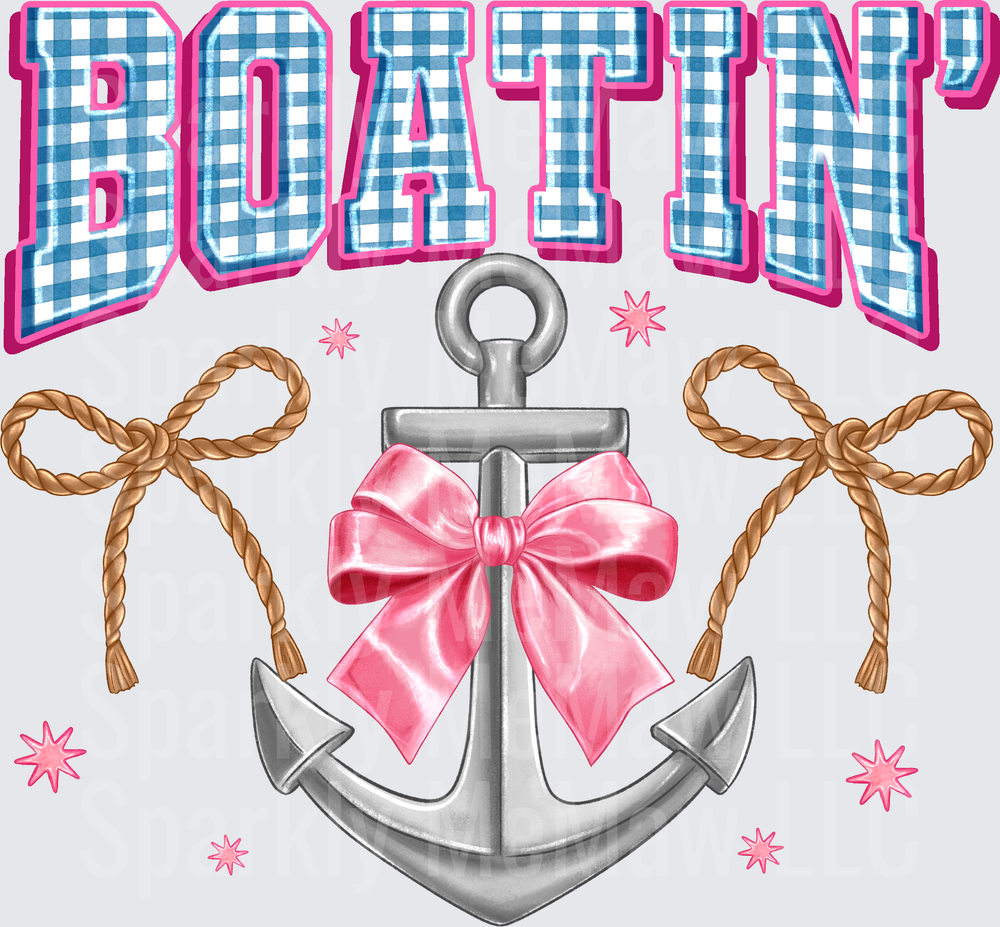Boatin Nautical Anchor with Pink Bow and Rope Blue Gingham Letters UV DTF Decal