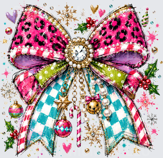 Glam Christmas Bow Leopard Print Checkered Pearl Diamond Brooch Jingle Bell Ornament Holly Snowflake DTF Transfer for Fabrics