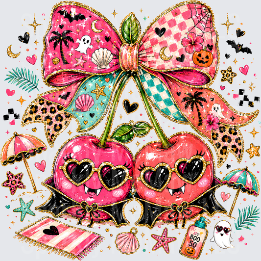 Spooky Summer Vampire Cherries with Heart Sunglasses Coquette Bow Halloween Beach Vibes DTF Transfer for Fabrics
