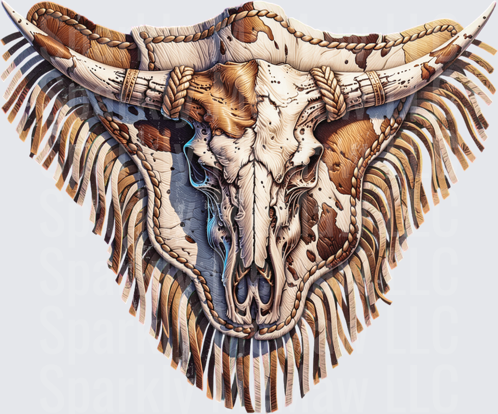 Boho Western Longhorn Bull Skull with Braided Rope and Leather Fringe DTF Transfer for Fabric