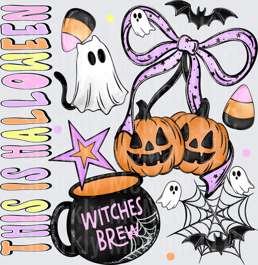 Halloween Witches Brew Cauldron with Ghosts Jack-o-lanterns and Purple Bow UV DTF Decal