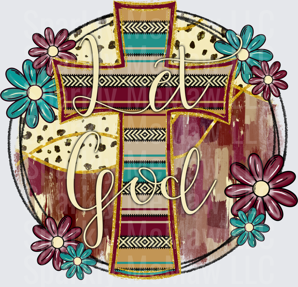 UV DTF Decal Serape Cross with God Script and Floral Border Design