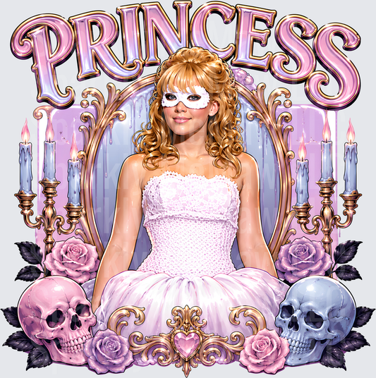 Princess Masquerade Girl White Lace Dress Skulls Candelabras Pink Roses Gothic Glam DTF Transfer for fabrics