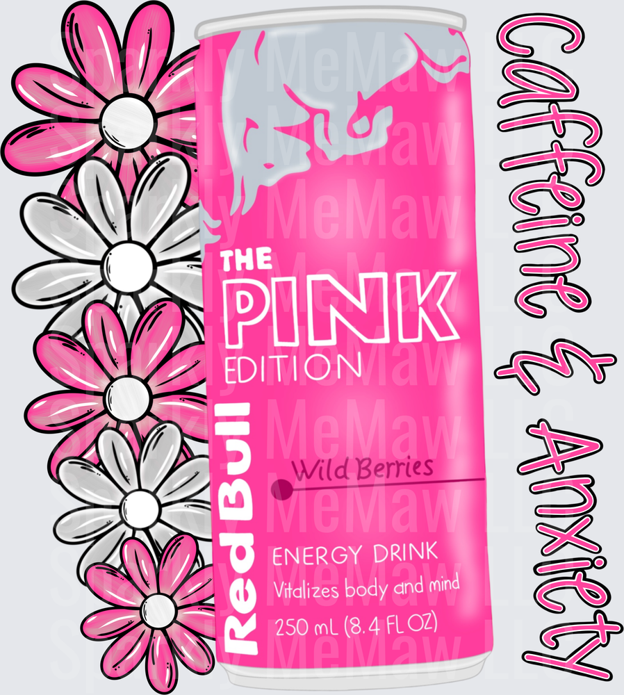 Red Bull The Pink Edition Wild Berries Energy Drink Can with Pink and Gray Daisies DTF Transfer for Fabric