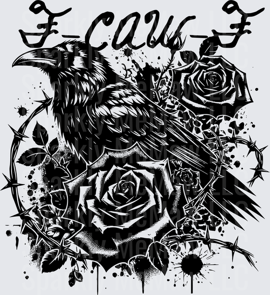 Gothic Raven with Roses and Thorns Black Ink Splatter Design
