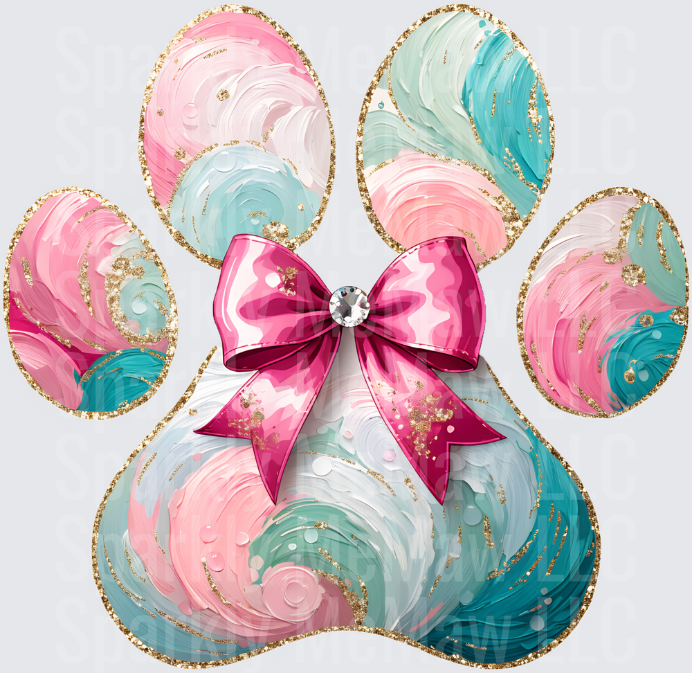 Marbled Paw Print with Pink Bow and Gold Glitter Accents UV DTF Decal
