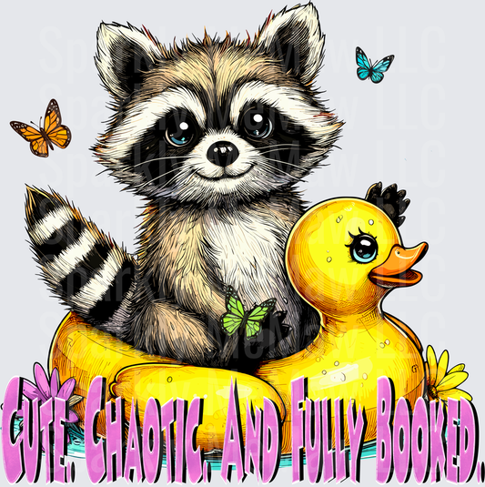 Cute Chaotic and Fully Booked Raccoon with Rubber Duck and Butterflies UV DTF Decal