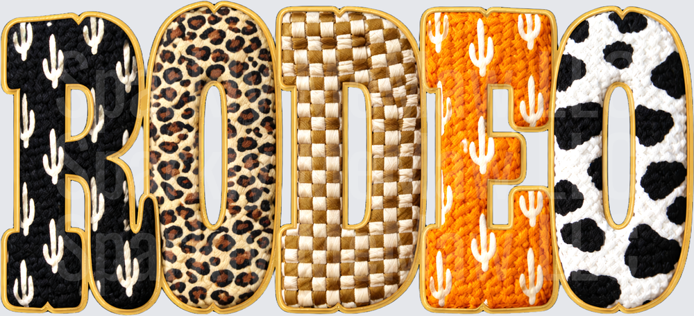 RODEO Mixed Western Pattern UV DTF Decal with Leopard Print Cow Print Cactus and Woven Checker Chenille Letter Design