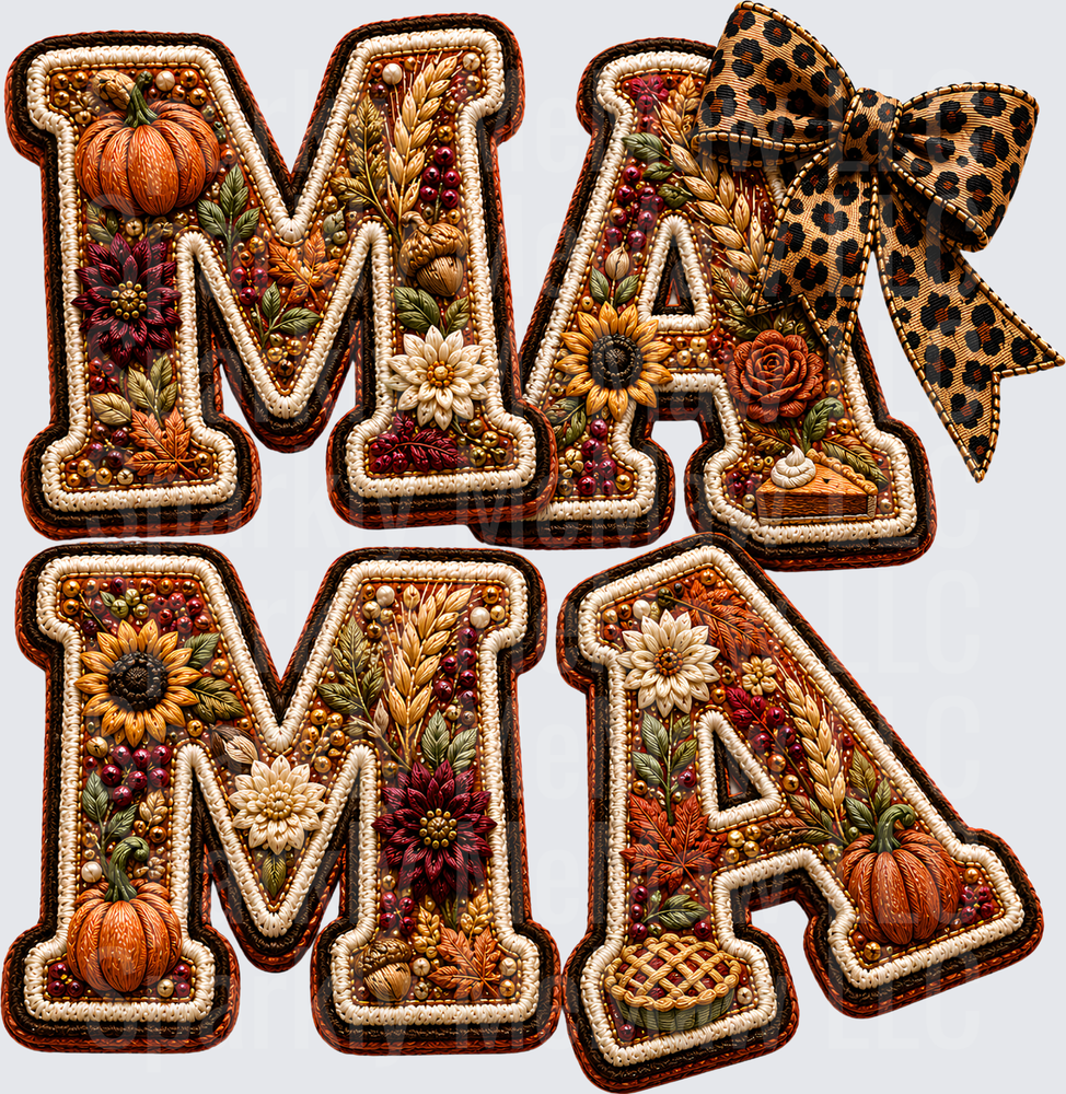 Fall Floral Embroidered Mama Leopard Bow DTF Transfer for fabrics