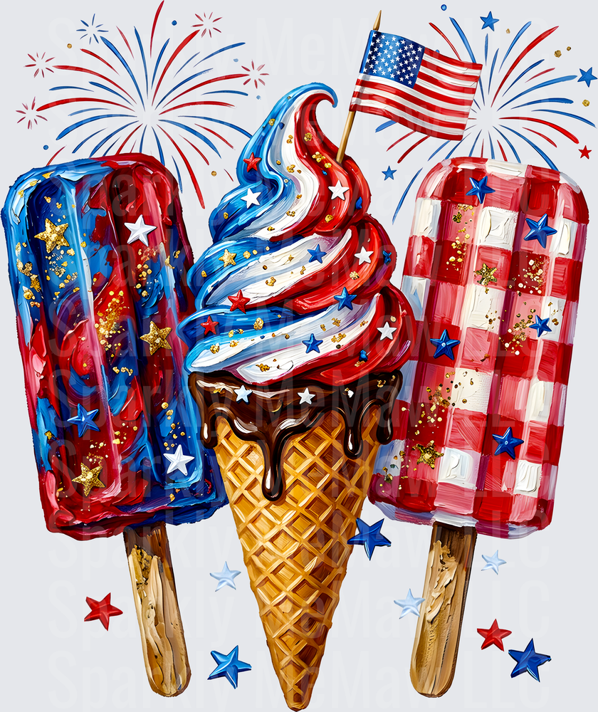 Patriotic Ice Cream and Popsicles with Fireworks American Flag Fourth of July UV DTF Decal