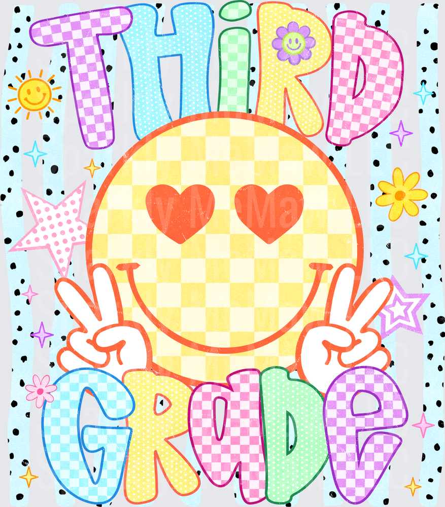 Third Grade Checkered Letters Smiley Face Peace Signs UV DTF Decal