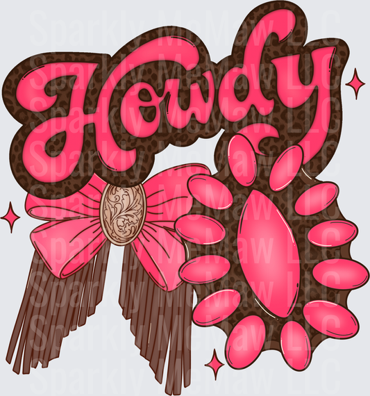 Howdy Leopard Print Pink Western Bow Fringe Floral Sparkle DTF Transfer (fabrics)