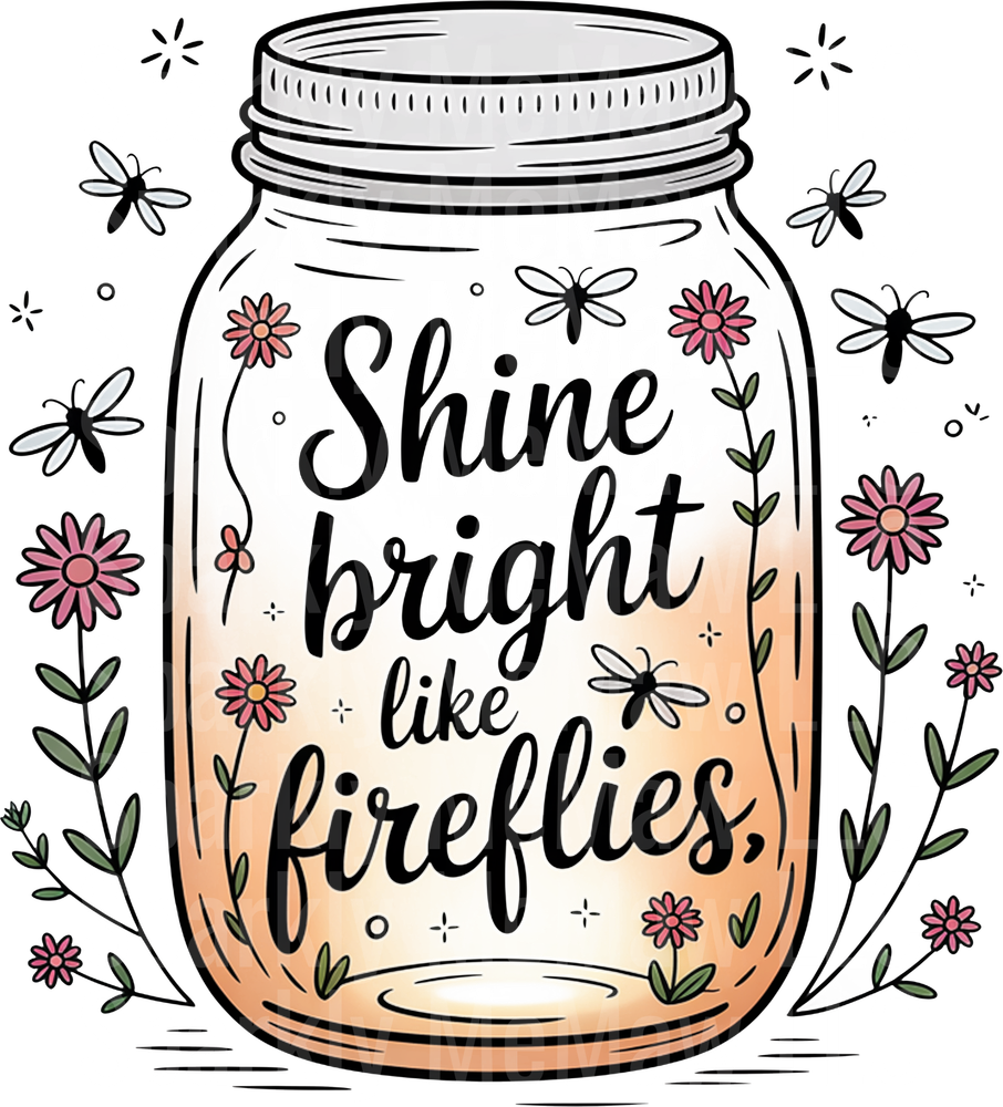 Shine Bright Like Fireflies Mason Jar with Flowers and Fireflies UV DTF Decal