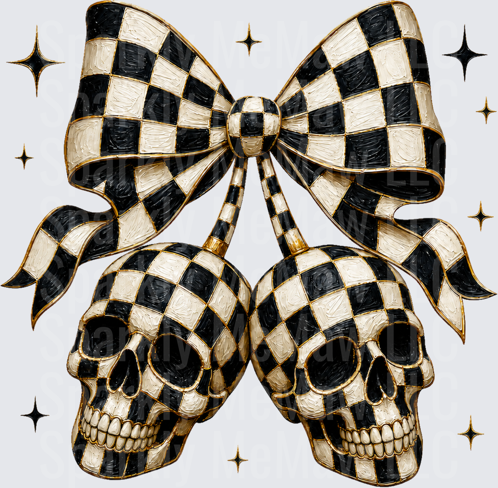 Black White Checkered Skull Bow UV DTF Decal