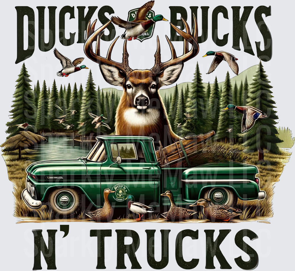 Ducks N Trucks Hunting Scene with Vintage Green Pickup and Wildlife UV DTF Decal