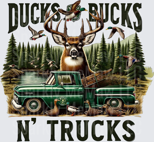 Ducks N Trucks Hunting Scene with Vintage Green Pickup and Wildlife UV DTF Decal