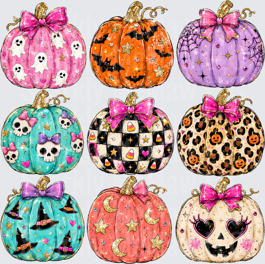 Trendy Halloween Pumpkin Bundle Ghosts Bats Skulls Checkered Leopard Witch Hats Bows Glitter UV DTF 10x10 element sheet