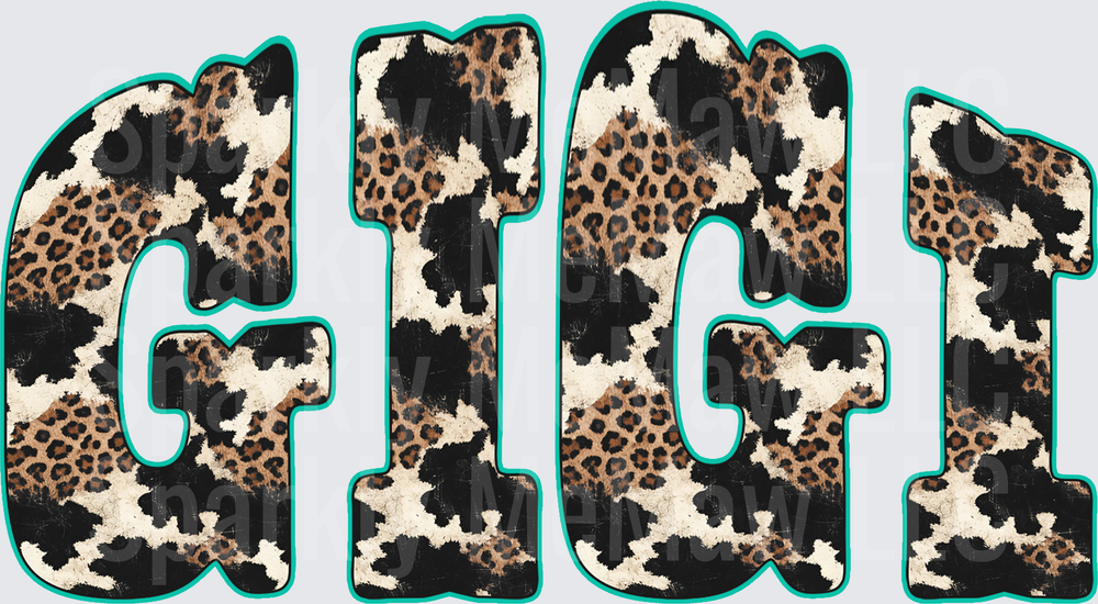 GIGI Cow Print Leopard Mixed Animal Print Teal Outline Bold Letters DTF Transfer (fabrics)