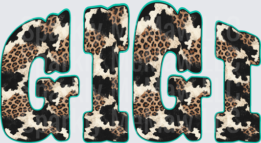 GIGI Cow Print Leopard Mixed Animal Print Teal Outline Bold Letters DTF Transfer (fabrics)