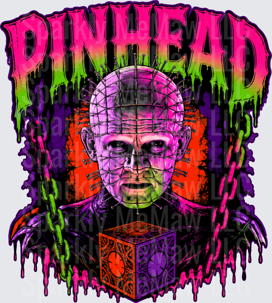 Pinhead Hellraiser Horror Icon with Lament Configuration Puzzle Box and Chains Neon Drip Graphic DTF Transfer for Fabrics
