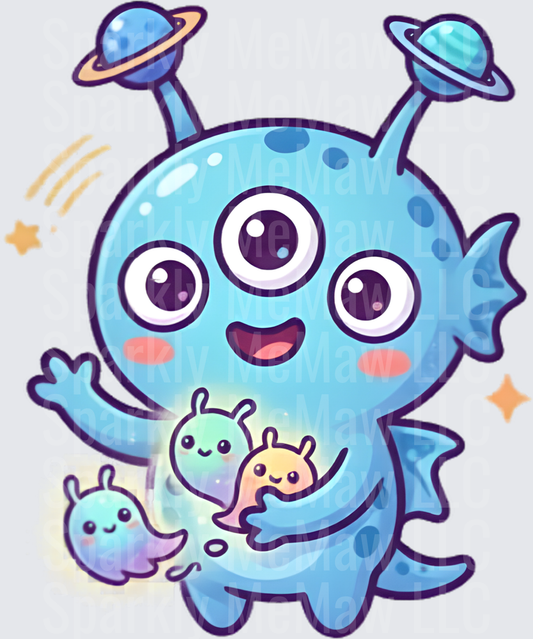 Cute Three-Eyed Blue Alien Monster with Planet Antennae and Baby Aliens UV DTF Decal
