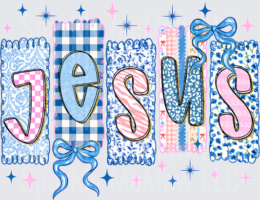 Jesus Coquette Blue Pink Patchwork Floral Gingham Bow Sparkle DTF Transfer for Fabrics