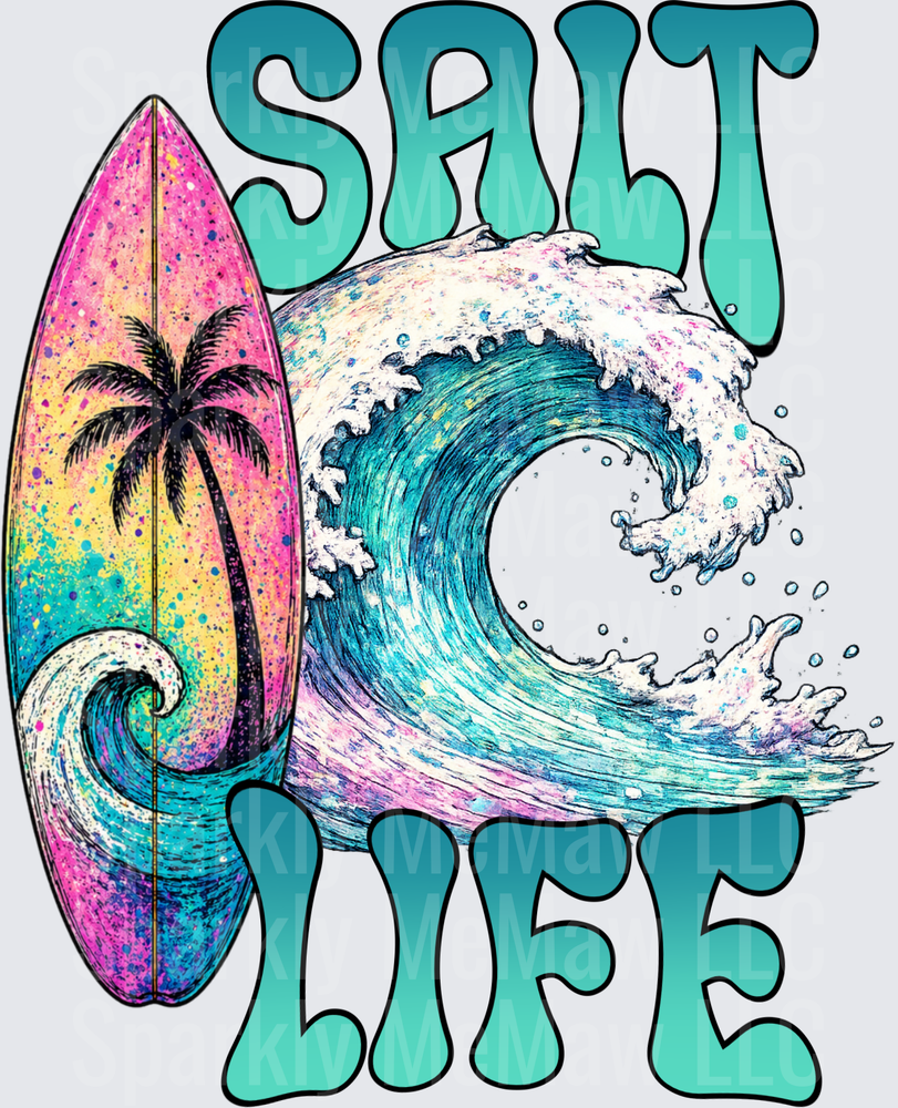 Salt Life Surfboard and Ocean Wave with Palm Tree UV DTF Decal