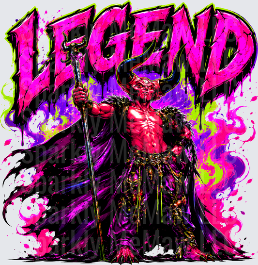 Legend Lord of Darkness Red Demon Horned Devil with Staff Neon Drip Graphic DTF Transfer for fabrics