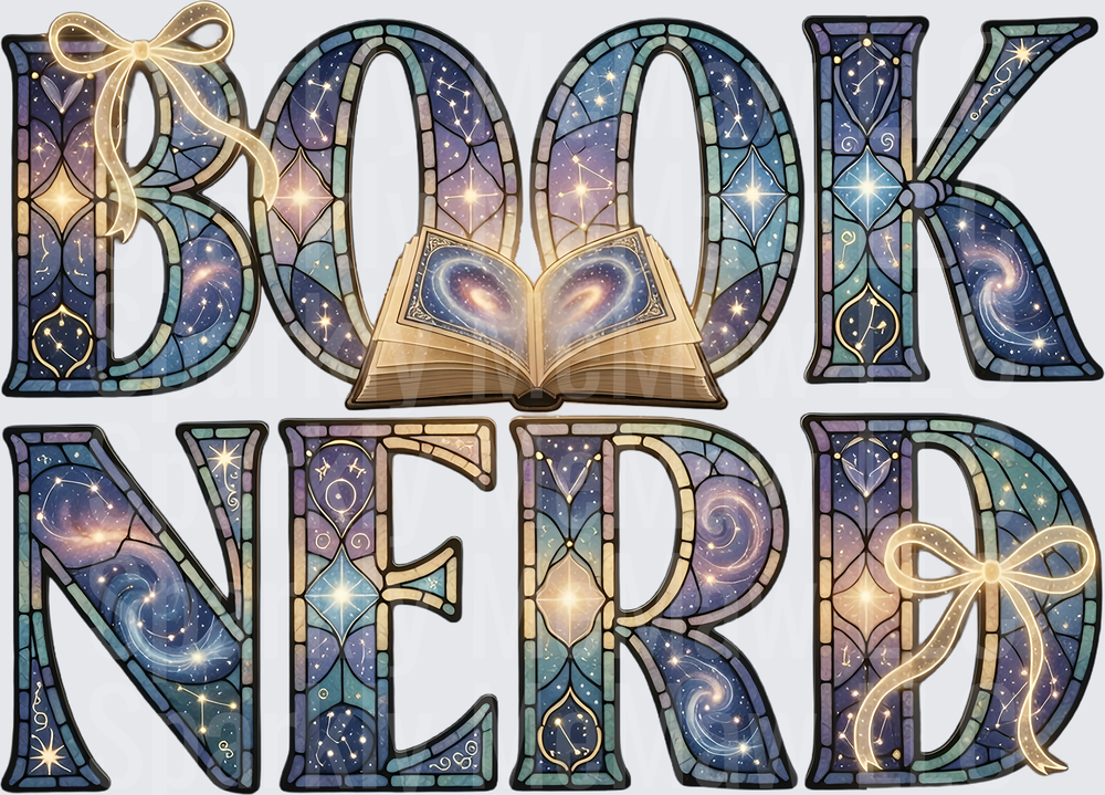 Book Nerd Celestial Stained Glass Letters with Golden Ribbons UV DTF Decal