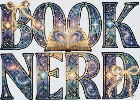 Book Nerd Celestial Stained Glass Letters with Golden Ribbons UV DTF Decal