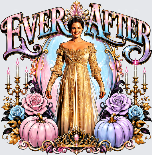 Ever After Danielle Golden Gown Fairytale Princess Candelabras Pastel Roses Pumpkins Royal Crown DTF Transfer for fabrics