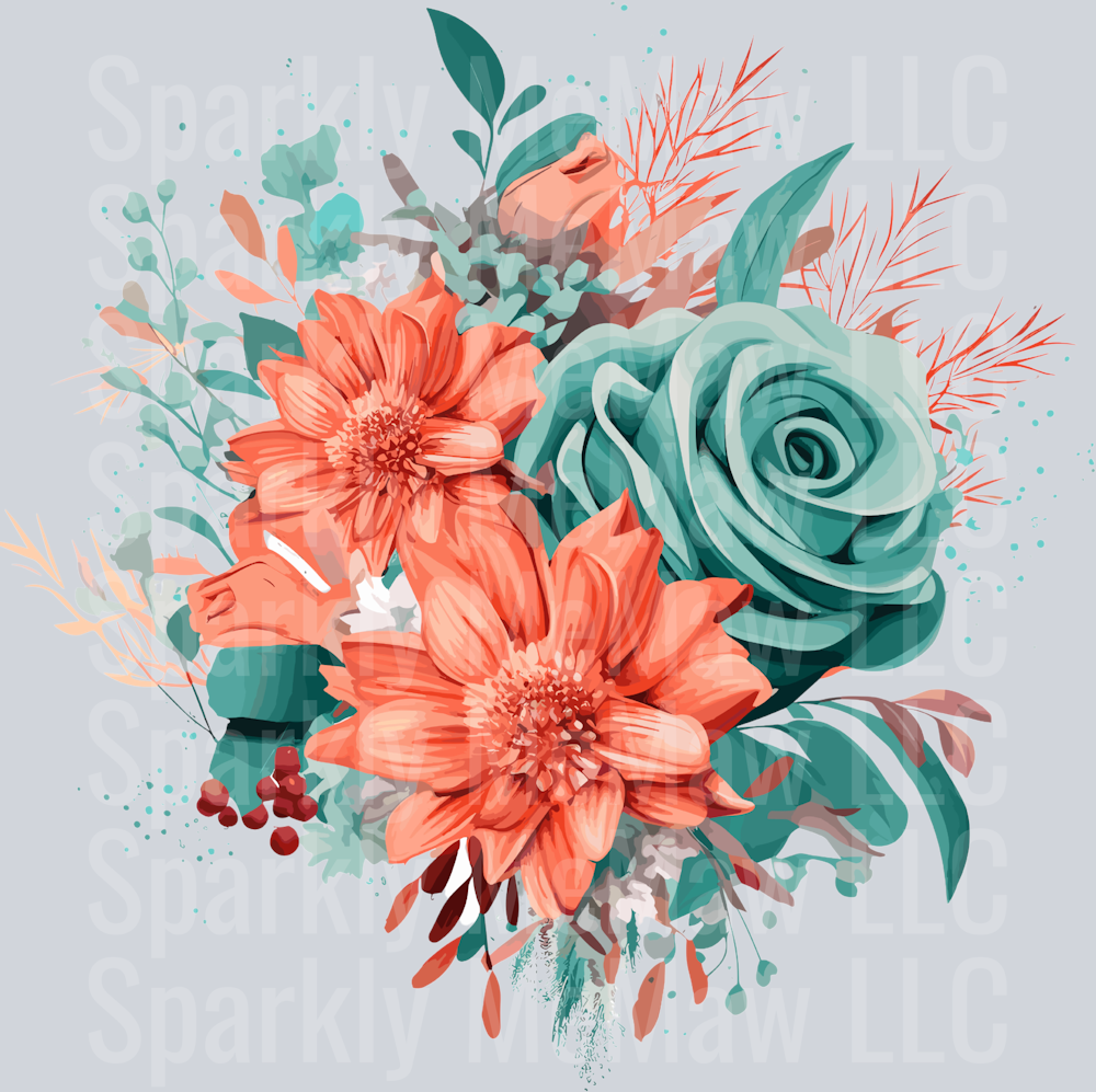 6 Teal and Coral Clip Art UV DTF Decal