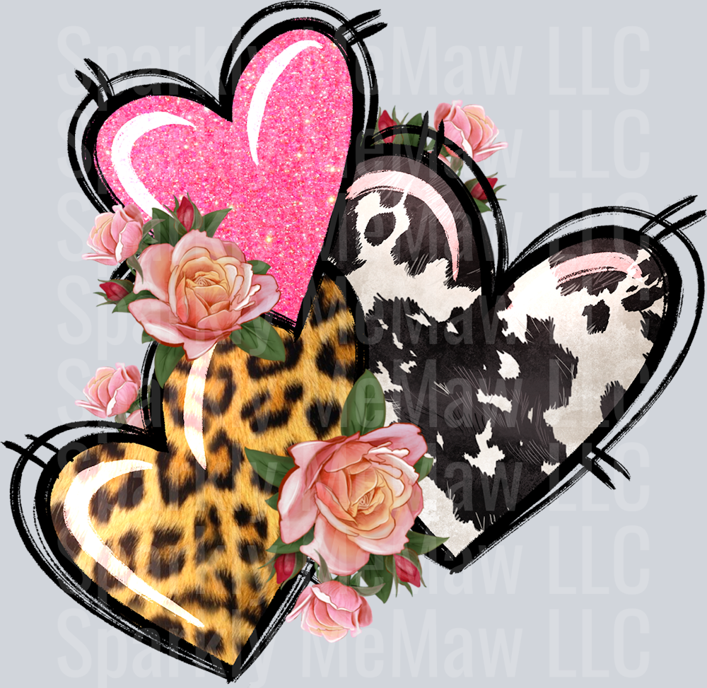 Pink Glitter Leopard Cowhide hearts UV DTF