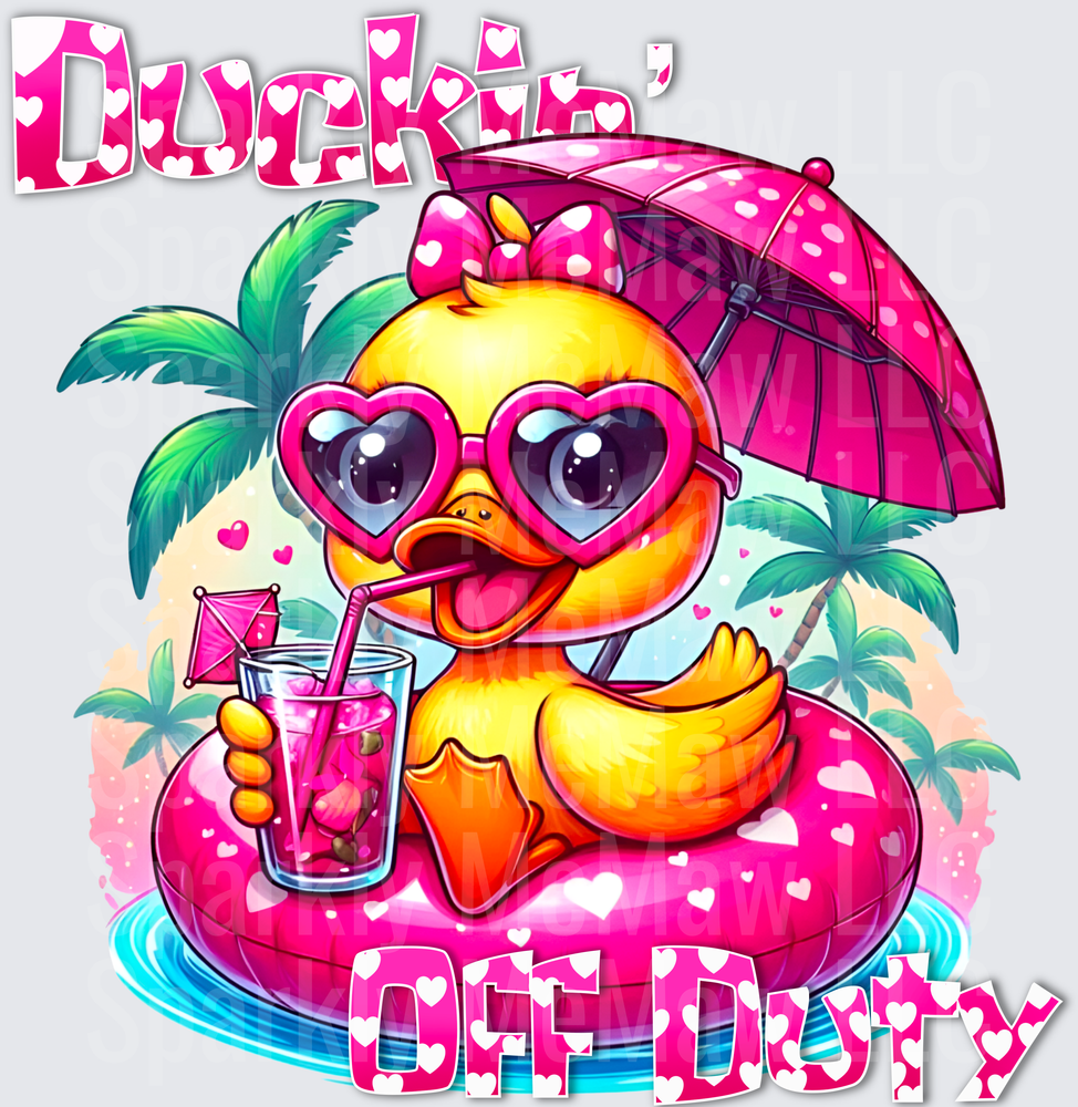Duckin' Off Duty Pink Duck with Heart Sunglasses and Umbrella Tropical Scene UV DTF Decal