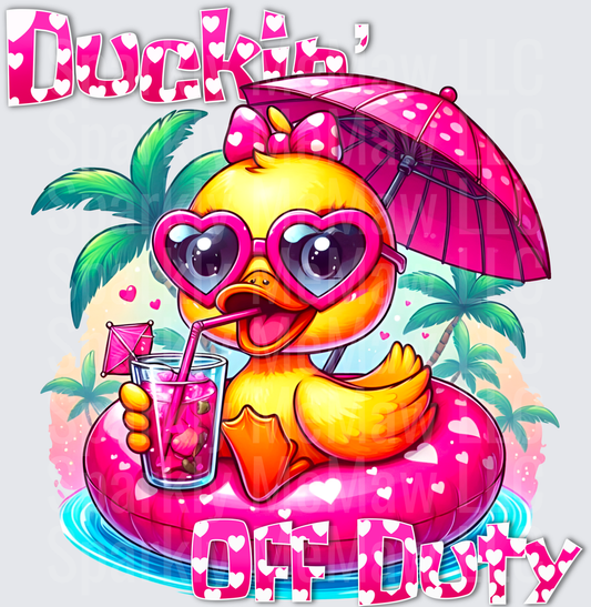 Duckin' Off Duty Pink Duck with Heart Sunglasses and Umbrella Tropical Scene UV DTF Decal