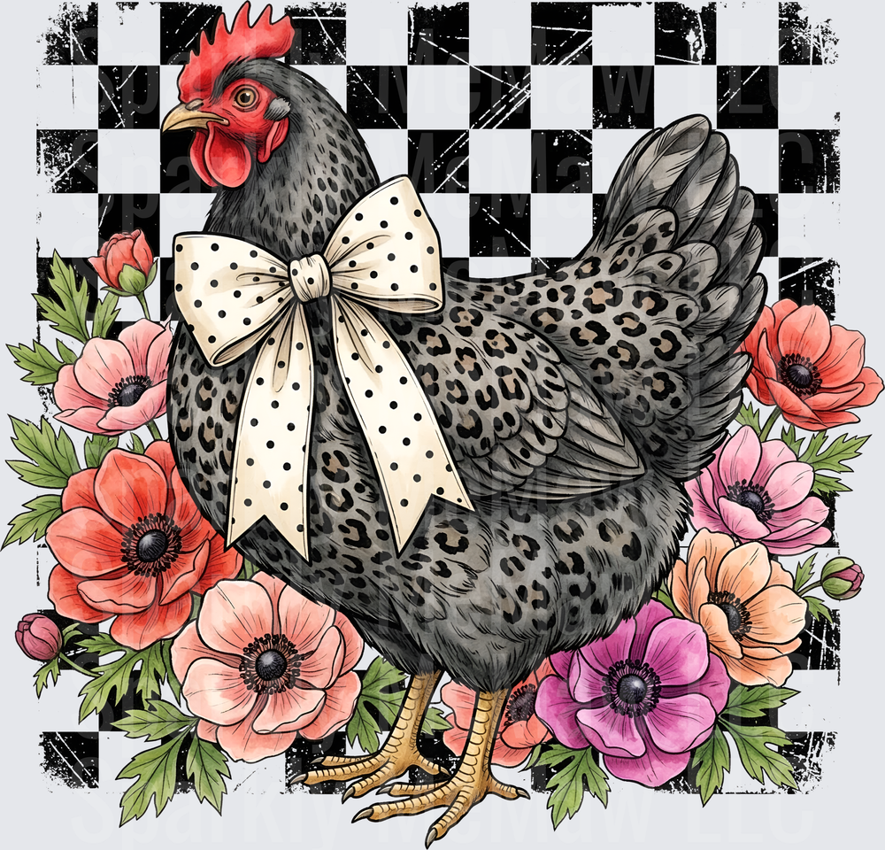 Leopard Print Chicken with Polka Dot Bow and Floral Wreath on Checkered Background
