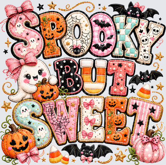 Spooky But Sweet Girly Halloween Embroidered Patch Style Letters with Ghosts Bats Pumpkins and Candy Corn DTF Transfer for Fabrics