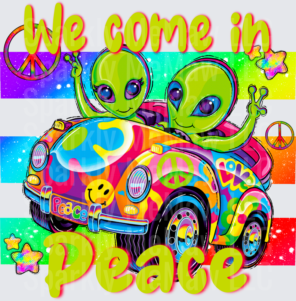 We Come in Peace Hippie Aliens in Psychedelic Volkswagen Beetle UV DTF Decal
