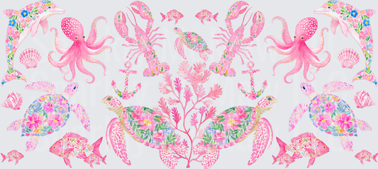 Pink Floral Sea Life Pattern with Turtles Octopus Lobsters and Coral UV DTF Decal
