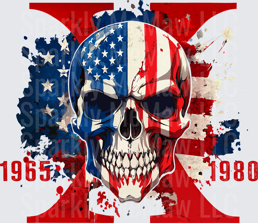 American Flag Skull with Grunge Paint Splatter 1965-1980 Vintage Patriotic Design DTF Transfer for Fabric