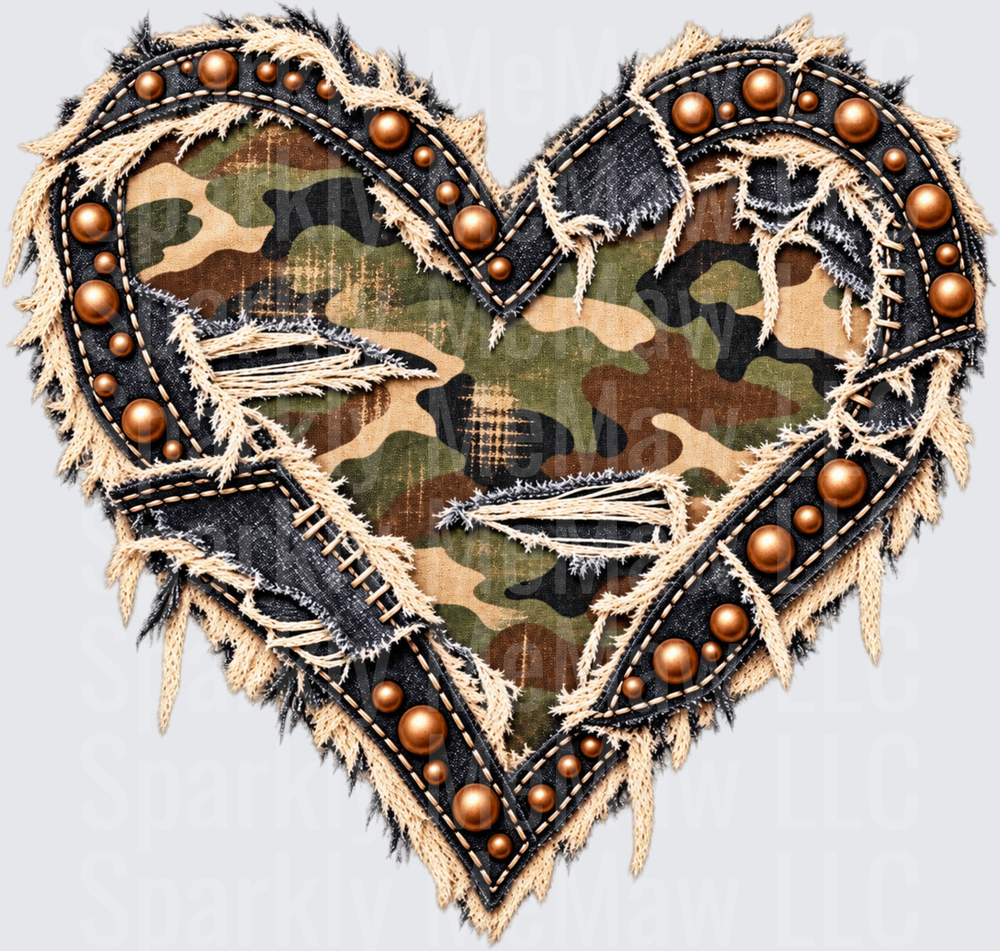 Camo Heart Denim Fringe UV DTF Decal