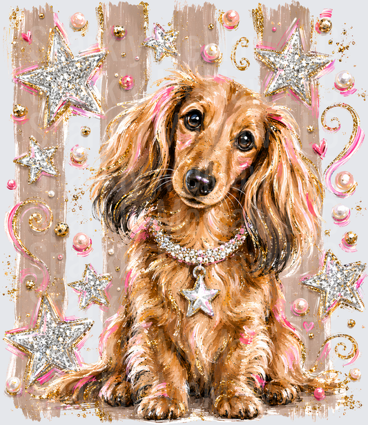Glamorous Long-Haired Dachshund with Rhinestone Star Collar Pink Gold Glitter Stars Pearls DTF Transfer for Fabrics
