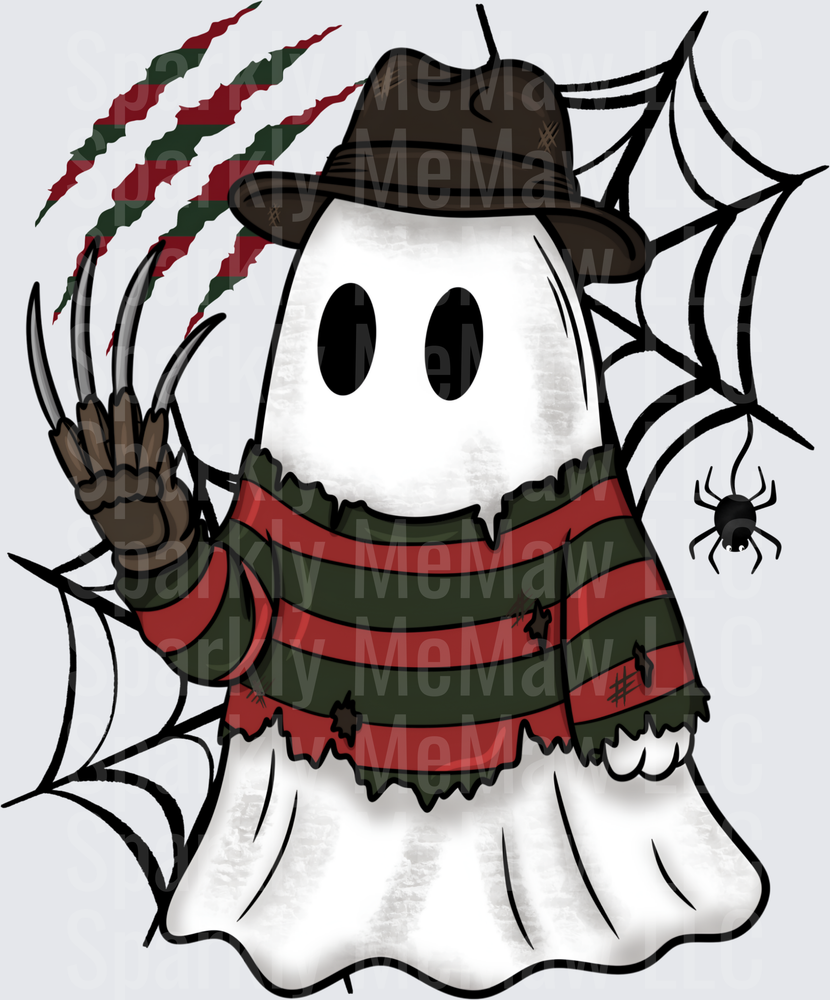 Cute Ghost Dressed as Freddy Krueger with Claw Glove Spider Web Halloween DTF Transfer for Fabrics