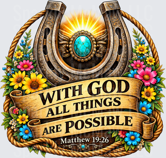 Horseshoe Faith Floral Matthew 19:26 DTF Transfer for Fabrics